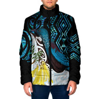 New Zealand Silver Fern Tui Bird Padded Jacket Maori Kowhai Paua Shell Taniko Motifs LT14 Men Turquoise - Polynesian Pride