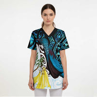 New Zealand Silver Fern Tui Bird Scrub Top Maori Kowhai Paua Shell Taniko Motifs LT14 - Polynesian Pride