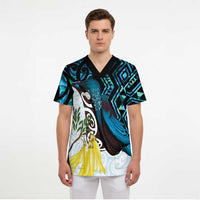 New Zealand Silver Fern Tui Bird Scrub Top Maori Kowhai Paua Shell Taniko Motifs LT14 - Polynesian Pride