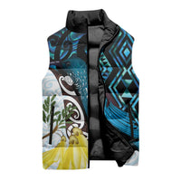 New Zealand Silver Fern Tui Bird Sleeveless Puffer Jacket Maori Kowhai Paua Shell Taniko Motifs LT14 - Polynesian Pride