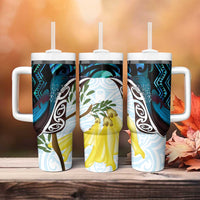 New Zealand Silver Fern Tui Bird Tumbler With Handle Maori Kowhai Paua Shell Taniko Motifs LT14 - Polynesian Pride