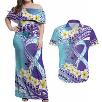 No Story Should End Too Soon Suicide Awareness Couples Matching Off Shoulder Maxi Dress and Hawaiian Shirt Purple And Teal Polynesian Ribbon LT14 Purple - Polynesian Pride