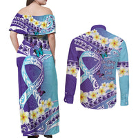 No Story Should End Too Soon Suicide Awareness Couples Matching Off Shoulder Maxi Dress and Long Sleeve Button Shirt Purple And Teal Polynesian Ribbon LT14 - Polynesian Pride