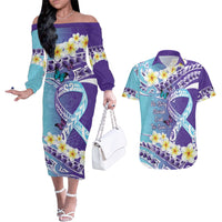 No Story Should End Too Soon Suicide Awareness Couples Matching Off The Shoulder Long Sleeve Dress and Hawaiian Shirt Purple And Teal Polynesian Ribbon LT14 Purple - Polynesian Pride