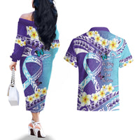 No Story Should End Too Soon Suicide Awareness Couples Matching Off The Shoulder Long Sleeve Dress and Hawaiian Shirt Purple And Teal Polynesian Ribbon LT14 - Polynesian Pride