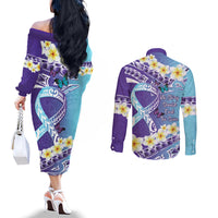No Story Should End Too Soon Suicide Awareness Couples Matching Off The Shoulder Long Sleeve Dress and Long Sleeve Button Shirt Purple And Teal Polynesian Ribbon LT14 - Polynesian Pride