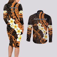 Liver Cancer Awareness Month Couples Matching Long Sleeve Bodycon Dress and Long Sleeve Button Shirt Awareness Is Key Orange Polynesian Ribbon LT14 - Polynesian Pride