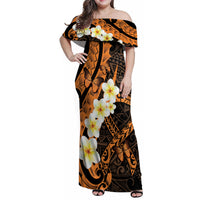 Liver Cancer Awareness Month Family Matching Off Shoulder Maxi Dress and Hawaiian Shirt Awareness Is Key Orange Polynesian Ribbon LT14 Mom's Dress Orange - Polynesian Pride