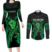 ADHD Awareness Month You Matter Couples Matching Long Sleeve Bodycon Dress and Long Sleeve Button Shirt Green Polynesian Ribbon LT14 Green - Polynesian Pride