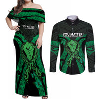 ADHD Awareness Month You Matter Couples Matching Off Shoulder Maxi Dress and Long Sleeve Button Shirt Green Polynesian Ribbon LT14 Green - Polynesian Pride