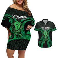 ADHD Awareness Month You Matter Couples Matching Off Shoulder Short Dress and Hawaiian Shirt Green Polynesian Ribbon LT14 Green - Polynesian Pride