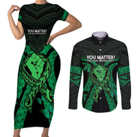 ADHD Awareness Month You Matter Couples Matching Short Sleeve Bodycon Dress and Long Sleeve Button Shirt Green Polynesian Ribbon LT14 Green - Polynesian Pride