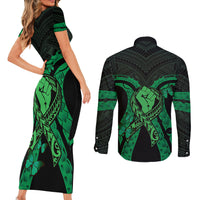 ADHD Awareness Month You Matter Couples Matching Short Sleeve Bodycon Dress and Long Sleeve Button Shirt Green Polynesian Ribbon LT14 - Polynesian Pride