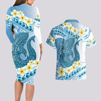 Blue Hawaii Shark Tattoo Couples Matching Long Sleeve Bodycon Dress and Hawaiian Shirt Frangipani With Polynesian Pastel Version LT14 - Polynesian Pride