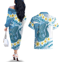 Blue Hawaii Shark Tattoo Couples Matching Off The Shoulder Long Sleeve Dress and Hawaiian Shirt Frangipani With Polynesian Pastel Version LT14 - Polynesian Pride