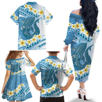 Blue Hawaii Shark Tattoo Family Matching Off The Shoulder Long Sleeve Dress and Hawaiian Shirt Frangipani With Polynesian Pastel Version LT14 - Polynesian Pride