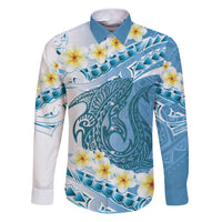 Blue Hawaii Shark Tattoo Family Matching Puletasi and Hawaiian Shirt Frangipani With Polynesian Pastel Version LT14 Dad's Shirt - Long Sleeve Blue - Polynesian Pride