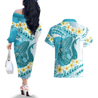 Turquoise Hawaii Shark Tattoo Couples Matching Off The Shoulder Long Sleeve Dress and Hawaiian Shirt Frangipani With Polynesian Pastel Version LT14 - Polynesian Pride