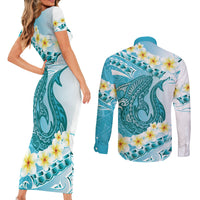 Turquoise Hawaii Shark Tattoo Couples Matching Short Sleeve Bodycon Dress and Long Sleeve Button Shirt Frangipani With Polynesian Pastel Version LT14 - Polynesian Pride