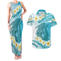 Turquoise Hawaii Shark Tattoo Couples Matching Tank Maxi Dress and Hawaiian Shirt Frangipani With Polynesian Pastel Version LT14 Turquoise - Polynesian Pride