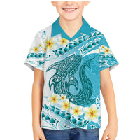 Turquoise Hawaii Shark Tattoo Family Matching Mermaid Dress and Hawaiian Shirt Frangipani With Polynesian Pastel Version LT14 Son's Shirt Turquoise - Polynesian Pride