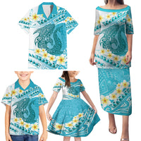 Turquoise Hawaii Shark Tattoo Family Matching Puletasi and Hawaiian Shirt Frangipani With Polynesian Pastel Version LT14 - Polynesian Pride