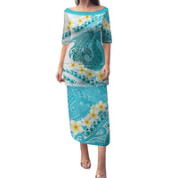 Turquoise Hawaii Shark Tattoo Family Matching Puletasi and Hawaiian Shirt Frangipani With Polynesian Pastel Version LT14 Mom's Dress Turquoise - Polynesian Pride