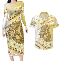 Gold Hawaii Shark Tattoo Couples Matching Long Sleeve Bodycon Dress and Hawaiian Shirt Frangipani With Polynesian Pastel Version LT14 Gold - Polynesian Pride