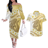 Gold Hawaii Shark Tattoo Couples Matching Off The Shoulder Long Sleeve Dress and Hawaiian Shirt Frangipani With Polynesian Pastel Version LT14 Gold - Polynesian Pride