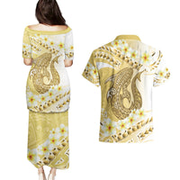 Gold Hawaii Shark Tattoo Couples Matching Puletasi and Hawaiian Shirt Frangipani With Polynesian Pastel Version LT14 - Polynesian Pride