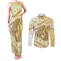 Gold Hawaii Shark Tattoo Couples Matching Tank Maxi Dress and Long Sleeve Button Shirt Frangipani With Polynesian Pastel Version LT14 Gold - Polynesian Pride