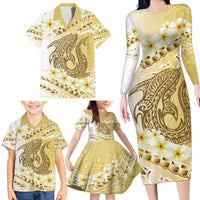 Gold Hawaii Shark Tattoo Family Matching Long Sleeve Bodycon Dress and Hawaiian Shirt Frangipani With Polynesian Pastel Version LT14 - Polynesian Pride
