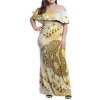 Gold Hawaii Shark Tattoo Family Matching Off Shoulder Maxi Dress and Hawaiian Shirt Frangipani With Polynesian Pastel Version LT14 Mom's Dress Gold - Polynesian Pride