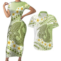 Green Hawaii Shark Tattoo Couples Matching Short Sleeve Bodycon Dress and Hawaiian Shirt Frangipani With Polynesian Pastel Version LT14 Green - Polynesian Pride