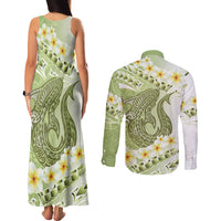 Green Hawaii Shark Tattoo Couples Matching Tank Maxi Dress and Long Sleeve Button Shirt Frangipani With Polynesian Pastel Version LT14 - Polynesian Pride