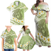 Green Hawaii Shark Tattoo Family Matching Off Shoulder Maxi Dress and Hawaiian Shirt Frangipani With Polynesian Pastel Version LT14 - Polynesian Pride
