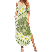 Green Hawaii Shark Tattoo Family Matching Summer Maxi Dress and Hawaiian Shirt Frangipani With Polynesian Pastel Version LT14 Mom's Dress Green - Polynesian Pride
