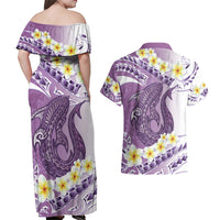 Purple Hawaii Shark Tattoo Couples Matching Off Shoulder Maxi Dress and Hawaiian Shirt Frangipani With Polynesian Pastel Version LT14 - Polynesian Pride
