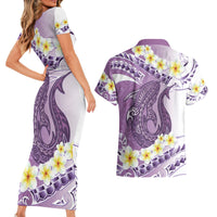 Purple Hawaii Shark Tattoo Couples Matching Short Sleeve Bodycon Dress and Hawaiian Shirt Frangipani With Polynesian Pastel Version LT14 - Polynesian Pride