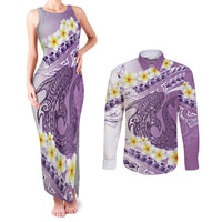 Purple Hawaii Shark Tattoo Couples Matching Tank Maxi Dress and Long Sleeve Button Shirt Frangipani With Polynesian Pastel Version LT14 Purple - Polynesian Pride
