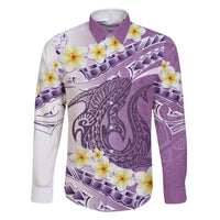 Purple Hawaii Shark Tattoo Family Matching Off Shoulder Maxi Dress and Hawaiian Shirt Frangipani With Polynesian Pastel Version LT14 Dad's Shirt - Long Sleeve Purple - Polynesian Pride