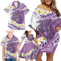 Purple Hawaii Shark Tattoo Family Matching Off Shoulder Short Dress and Hawaiian Shirt Frangipani With Polynesian Pastel Version LT14 - Polynesian Pride