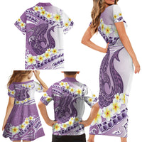Purple Hawaii Shark Tattoo Family Matching Short Sleeve Bodycon Dress and Hawaiian Shirt Frangipani With Polynesian Pastel Version LT14 - Polynesian Pride