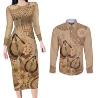Brown Bula Fiji Couples Matching Long Sleeve Bodycon Dress and Long Sleeve Button Shirt Fijian Dance Fan Tapa Cloth Pattern LT14 Brown - Polynesian Pride