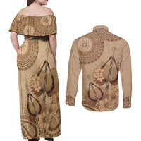 Brown Bula Fiji Couples Matching Off Shoulder Maxi Dress and Long Sleeve Button Shirt Fijian Dance Fan Tapa Cloth Pattern LT14 - Polynesian Pride
