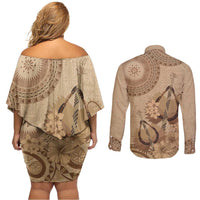 Brown Bula Fiji Couples Matching Off Shoulder Short Dress and Long Sleeve Button Shirt Fijian Dance Fan Tapa Cloth Pattern LT14 - Polynesian Pride