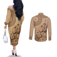 Brown Bula Fiji Couples Matching Off The Shoulder Long Sleeve Dress and Long Sleeve Button Shirt Fijian Dance Fan Tapa Cloth Pattern LT14 - Polynesian Pride