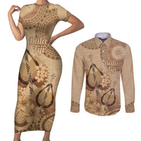 Brown Bula Fiji Couples Matching Short Sleeve Bodycon Dress and Long Sleeve Button Shirt Fijian Dance Fan Tapa Cloth Pattern LT14 Brown - Polynesian Pride