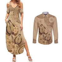 Brown Bula Fiji Couples Matching Summer Maxi Dress and Long Sleeve Button Shirt Fijian Dance Fan Tapa Cloth Pattern LT14 Brown - Polynesian Pride