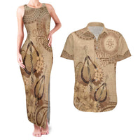 Brown Bula Fiji Couples Matching Tank Maxi Dress and Hawaiian Shirt Fijian Dance Fan Tapa Cloth Pattern LT14 Brown - Polynesian Pride